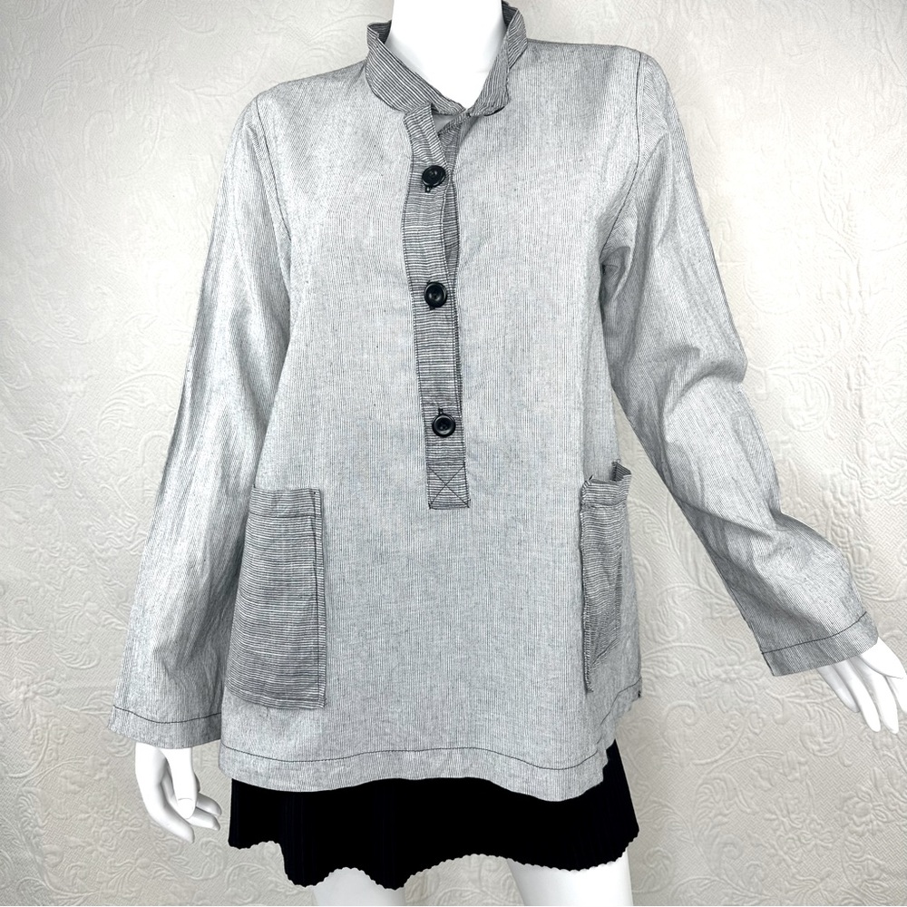 Bodil Cotton Mini Stripe Popover Top w/Pockets